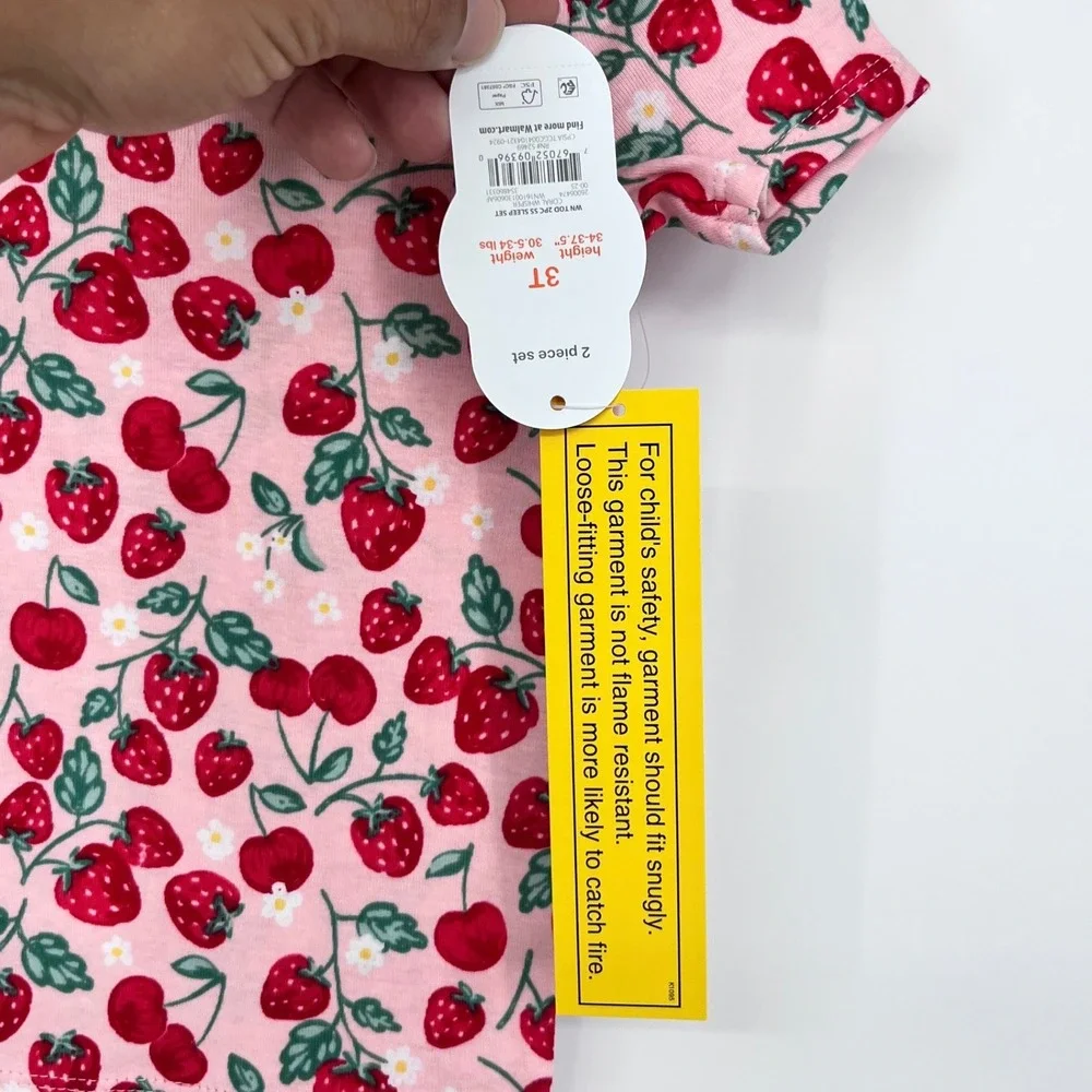 Pink Strawberry Cherry Print Pajamas Girls 3T Snug Fit 2pc Set Springtime‎ Cute